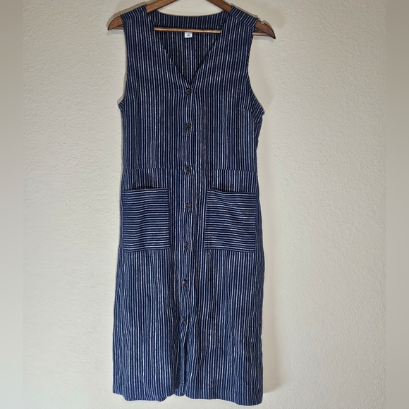 Old Navy Linen Blend Dress Womens Medium Blue White Nautical Stripe Patch Pocket - Picture 2 of 10